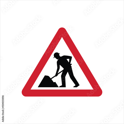 Construction worker sign indicating road works ahead with red triangular shape