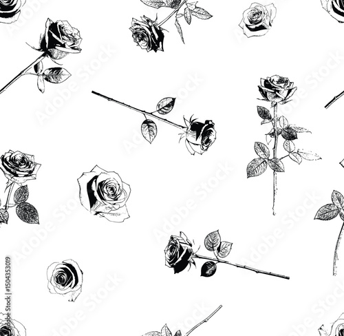 Chaotic floral layout of bright red rose illustrations over a pastel pink base — vibrant contrast and whimsical vintage flair. The roses are depicted in various stages of bloom