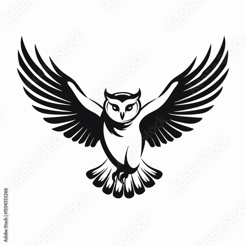 Owl flying wings spread bird wildlife predator nocturnal hunter silhouette vector illustration animal design
