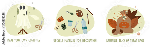 DIY Halloween Sustainable Craft Ideas Three Projects.  Eco-friendly Halloween DIY projects: homemade costumes, upcycled decoration materials, and reusable trick-or-treat bags. Vector illustration