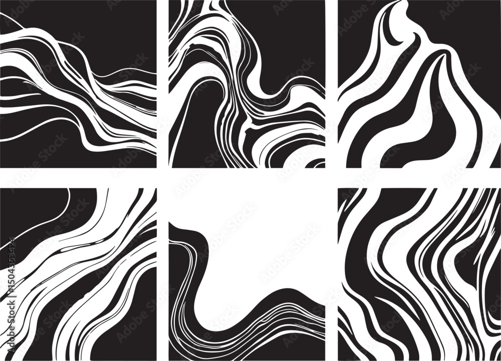 Fototapeta premium Set of Abstract compositions with smooth lines reminiscent of generative patterns . Emphasis on tactile textures. Hand drawn vector illustration 