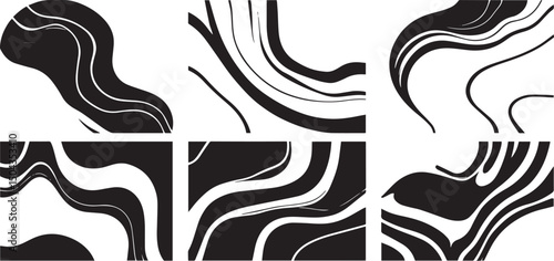 Set of Abstract compositions with smooth lines reminiscent of generative patterns . Emphasis on tactile textures. Hand drawn vector illustration	