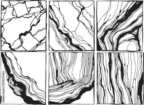 Set of Abstract compositions with smooth lines reminiscent of generative patterns . Emphasis on tactile textures. Hand drawn vector illustration	