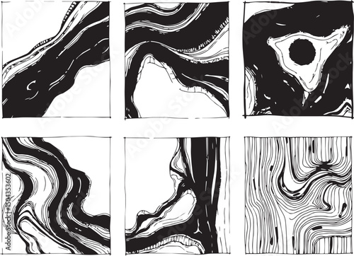 Set of Abstract compositions with smooth lines reminiscent of generative patterns . Emphasis on tactile textures. Hand drawn vector illustration	