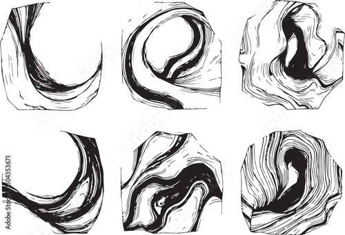Set of Abstract compositions with smooth lines reminiscent of generative patterns . Emphasis on tactile textures. Hand drawn vector illustration	