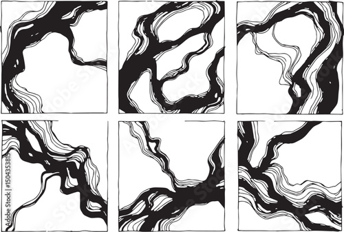 Set of Abstract compositions with smooth lines reminiscent of generative patterns . Emphasis on tactile textures. Hand drawn vector illustration	