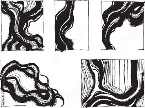 Set of Abstract compositions with smooth lines reminiscent of generative patterns . Emphasis on tactile textures. Hand drawn vector illustration	