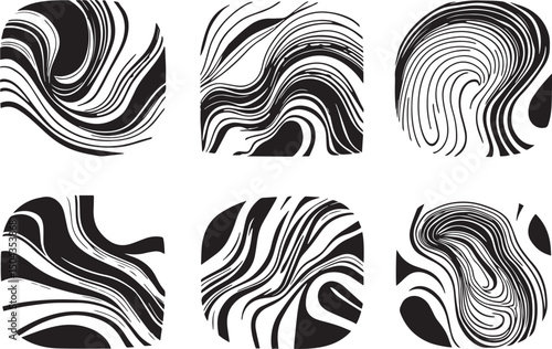 Set of Abstract compositions with smooth lines reminiscent of generative patterns . Emphasis on tactile textures. Hand drawn vector illustration	