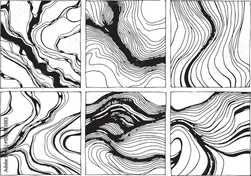 Set of Abstract compositions with smooth lines reminiscent of generative patterns . Emphasis on tactile textures. Hand drawn vector illustration	
