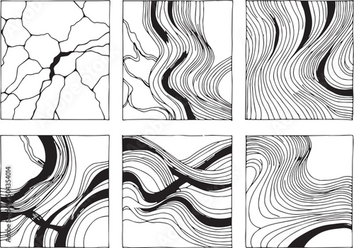 Set of Abstract compositions with smooth lines reminiscent of generative patterns . Emphasis on tactile textures. Hand drawn vector illustration	
