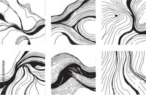 Set of Abstract compositions with smooth lines reminiscent of generative patterns . Emphasis on tactile textures. Hand drawn vector illustration	