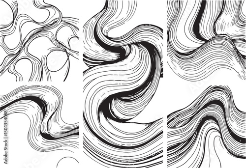 Set of Abstract compositions with smooth lines reminiscent of generative patterns . Emphasis on tactile textures. Hand drawn vector illustration	