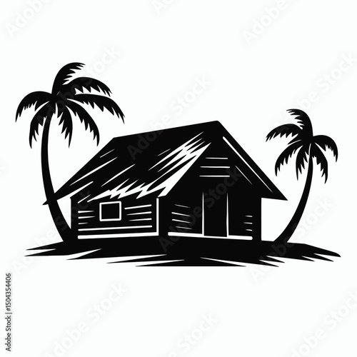 Tropical beach house palm trees resort vacation summer getaway vector design graphic illustration silhouette
