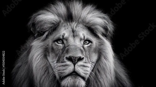 Majestic lion head portrait in black and white with a striking frontal gaze against a solid black background showing power and beauty.