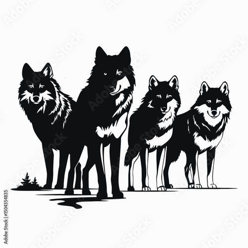 Wolves pack animal canine predator wildlife forest nature wild black white illustration graphic design art