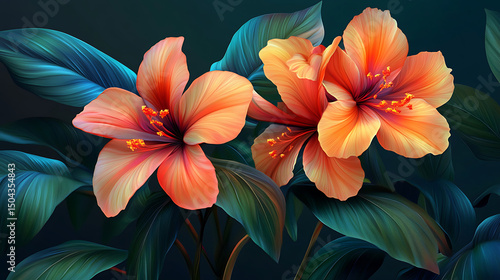 Blooming orange frangipani flowers in lush garden setting high resolution picture