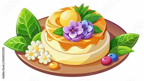 A beautifully crafted dessert features smooth, creamy texture, adorned with colorful edible flowers and green leaves, presented on an elegant white