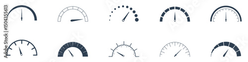 Collection of dark blue speedometer and gauge icons in various dial styles, representing speed, performance, metrics, and loading indicators.