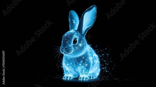 Sparkling blue bunny on black background