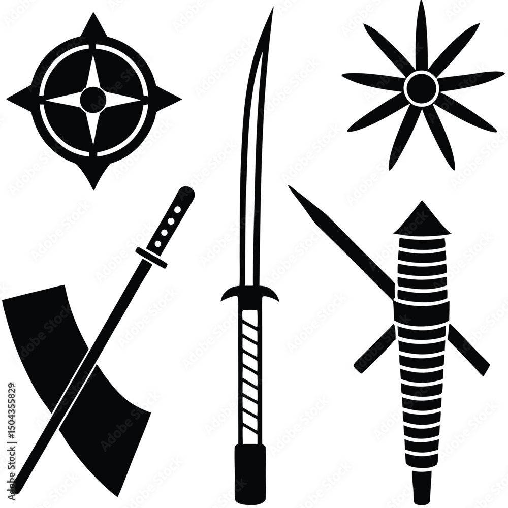 Fototapeta premium Ancient Japanese Warrior Weapons Swords, Shields, and Throwing Stars - Black and White Vector Illustrations