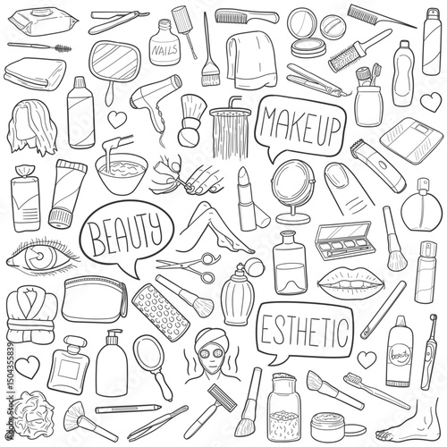 Make Up Beauty Doodle Line Art Illustration. Hand Drawn Vector Clip Art. 