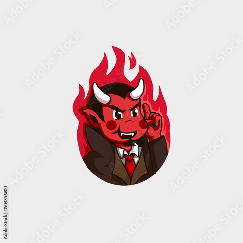 mascot logo of a red devil who is thinking and getting his evil idea on a fire background