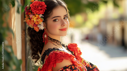 Portrait of a young woman in a vibrant flamenco dress on a sunny April day in Seville