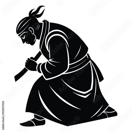 Silhouette of a Warrior in a Crouching Position, Traditional Japanese Art Style