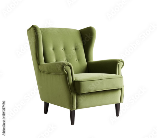 Soft green armchair retro furniture 70-80s. On transparent background PNG. Generated by AI.