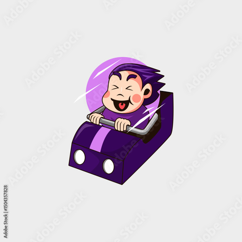cartoon logo of a happy little boy being blown away by the wind riding a jet coaster wearing purple clothes with a purple train
