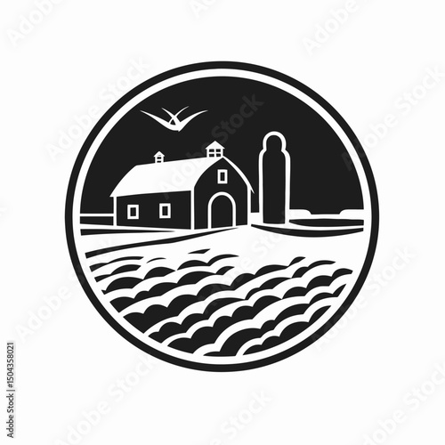 Farm agriculture field barn landscape countryside rural grain silo bird scenic organic vector graphic