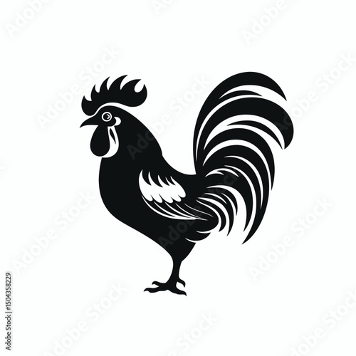 Black rooster chicken farm animal bird poultry fowl cock crest tail vector illustration silhouette art