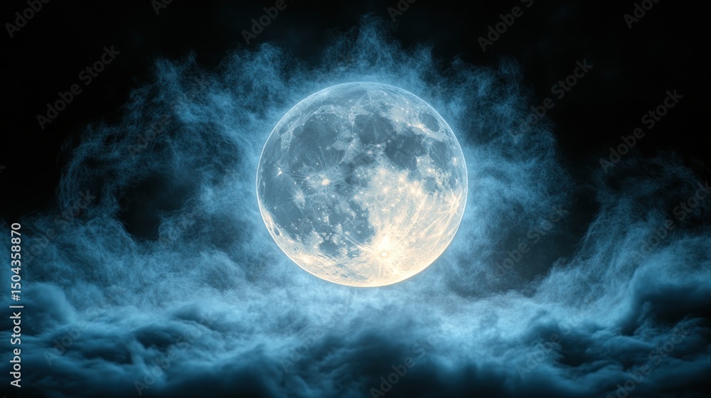Fototapeta premium Full moon shrouded in ethereal blue clouds against a dark night sky.