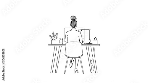 Focused individual working at a minimalist desk with a computer in a cozy, serene home office environment