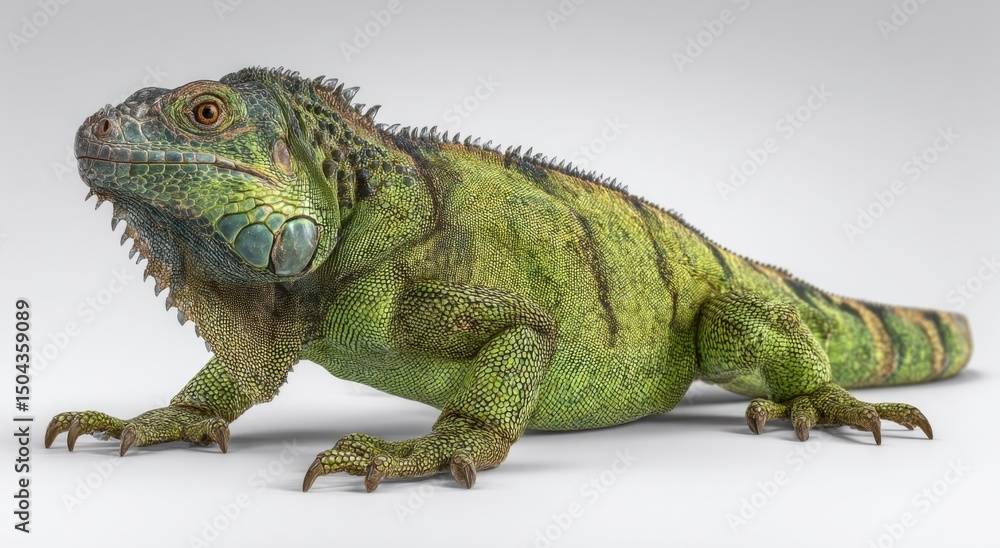 Fototapeta premium Green Iguana Lizard Close-Up on White Background, Symbolizing Wildlife Conservation and Exotic Pet Ownership : Generative AI