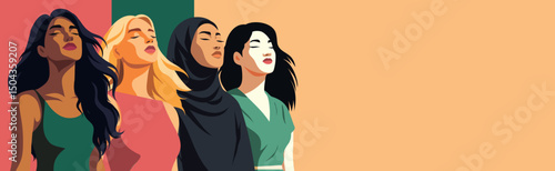 Women's day. Vector illustration of four women of different cultures and nationalities standing together and looking up. Feminism, freedom. Movement for gender equality and women's empowerment
