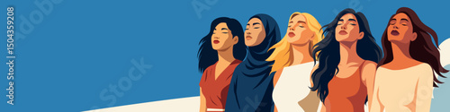 Women's day. Vector illustration of five women of different nationalities and cultures standing together and looking up. Freedom, feminism. Movement for gender equality and women's empowerment