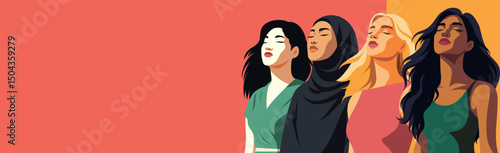 Women's day. Vector illustration of four women of different cultures and nationalities standing together and looking up. Freedom, feminism. Movement for gender equality and women's empowerment