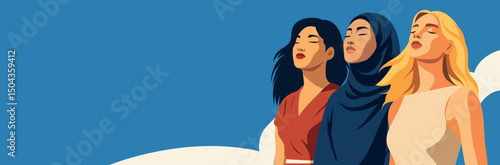  Women's day. Vector illustration of three women of different nationalities and cultures standing together and looking up. Freedom, feminism. Movement for gender equality and women's empowerment