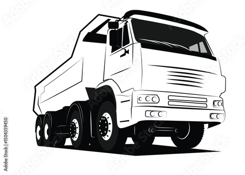 Vector illustration of a dump truck in black and white, front angle view with shadow on white background