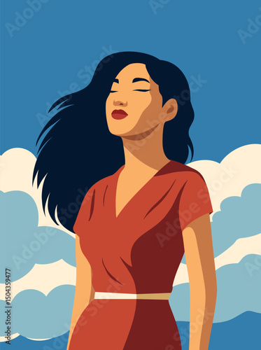 Women's DayVector illustration of beautiful asian woman with closed eyes looking at the sky. Symbol of freedom, feminism, female dignity. Movements for gender equality and women's empowerment