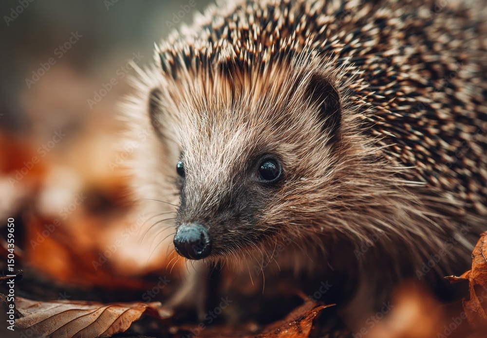 Fototapeta premium Close-Up of a Hedgehog in Autumn Leaves, Showcasing Wildlife Conservation and Environmental Awareness in Nature Photography : Generative AI