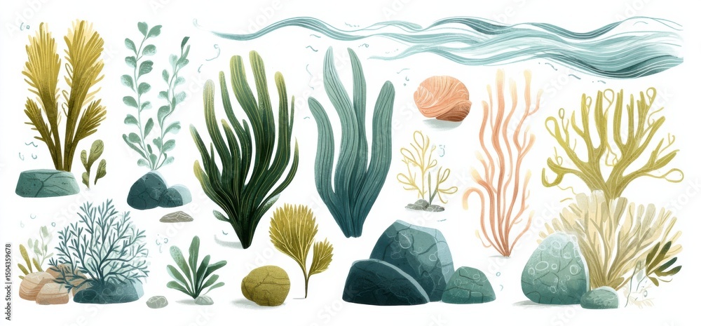 Naklejka premium Variety of Seaweed and Rocks on White Background, Ideal for Marine Biology Education and Ocean Conservation Awareness : Generative AI
