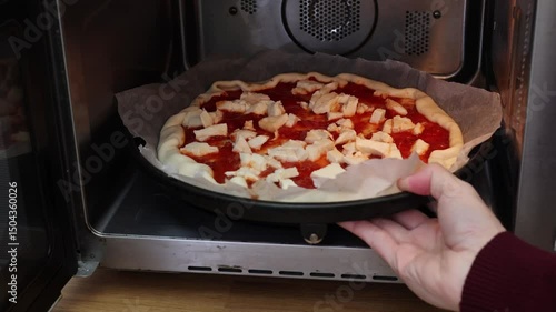Homemade Pizza Being Placed in Oven for Baking - Kitchen Cooking Process, 4k 