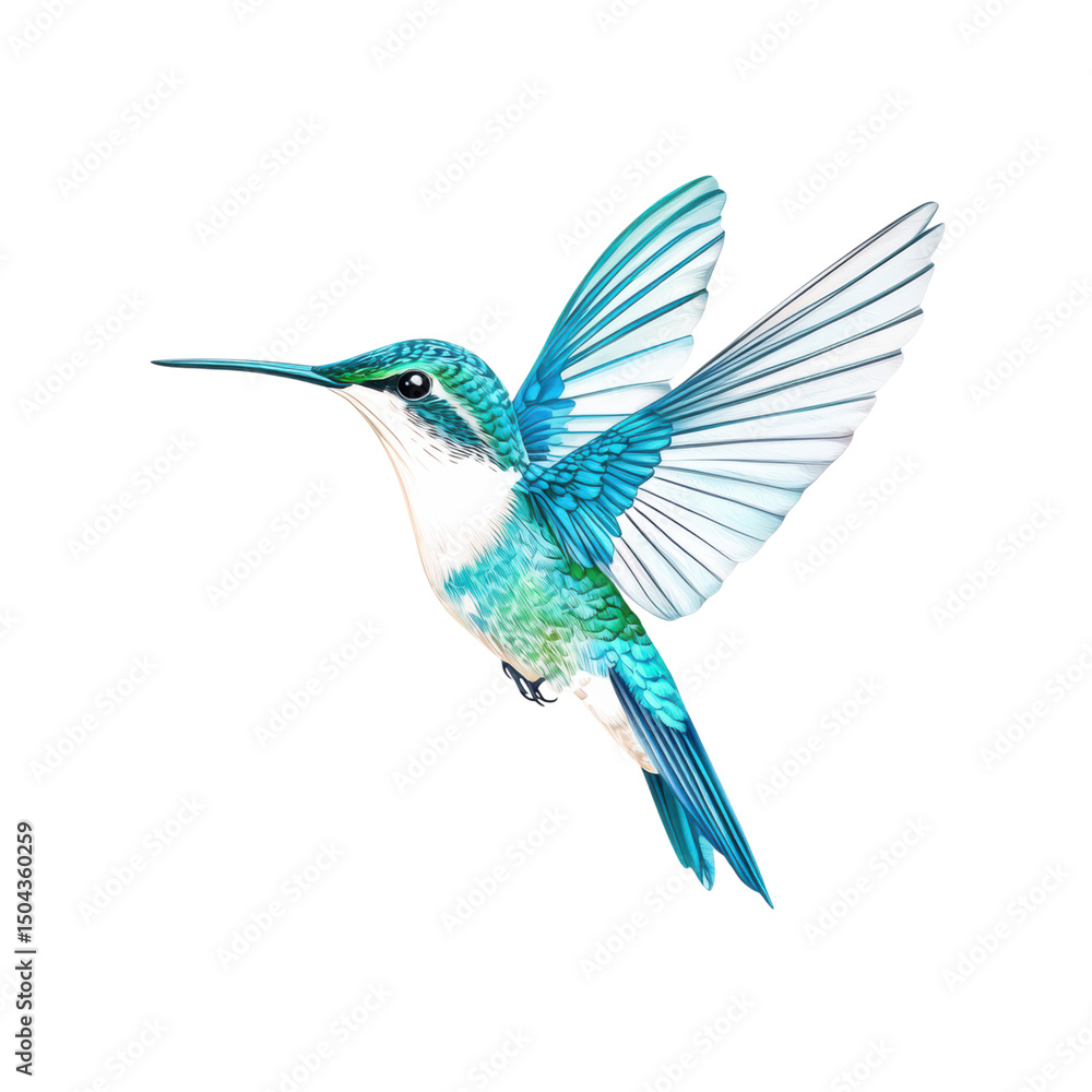 Fototapeta premium isolated transparent Background. Bright blue hummingbird in midflight with detailed feathers and delicate wings