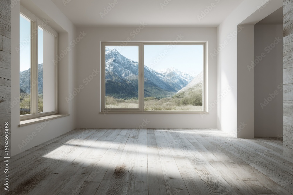 Fototapeta premium Bright Empty Room Overlooking Snow Capped Mountains, Ideal for Interior Design Mockups and Real Estate Marketing Campaigns, Showcasing Serenity and Space : Generative AI