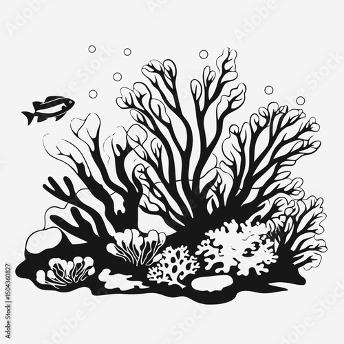 Illustration of coral reef with fish underwater marine life black and white ocean sea nature drawing art silhouette
