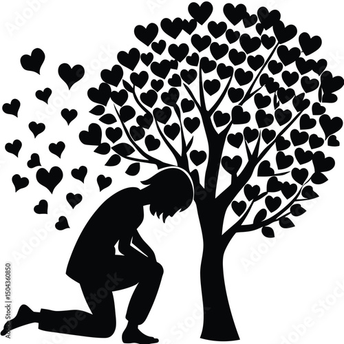 Heartbreak Silhouette Kneeling Figure under Heart-Shaped Tree Illustration