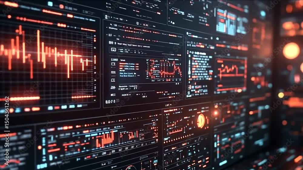 Complex glowing data visualizations on digital screens Complex glowing data visualizations on digital screens