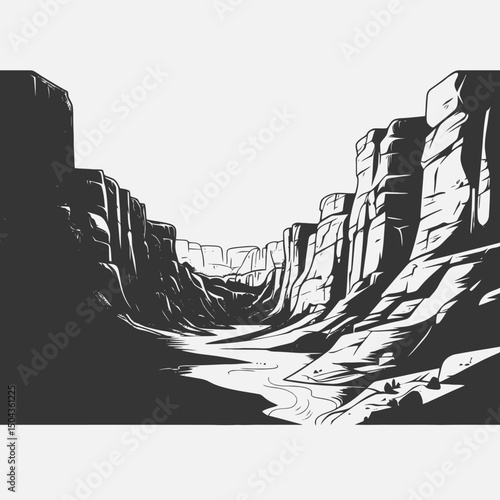 Grand canyon landscape river rocks clouds monochrome scenic nature illustration vector art design silhouette